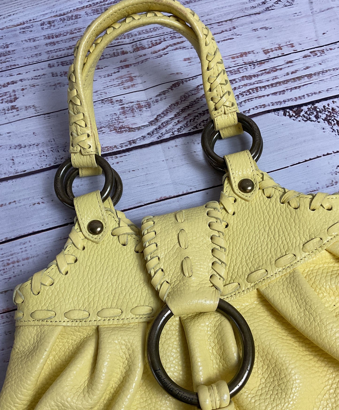 Isabella Fiore Whip Stitch Leather Top Handle Bag with Silver Hardware Rings