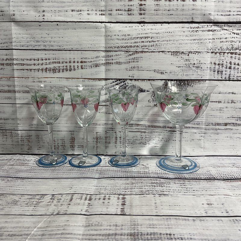 Set Of 4 Orrefors Sweden Maja Hand-Painted Floral Wine Glasses