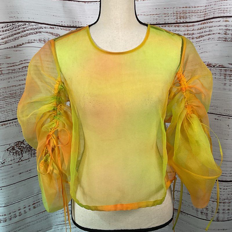 STAUD Women's Yellow/Orange Organza Peplum Rouched Sleeves Blouse- SZ 4