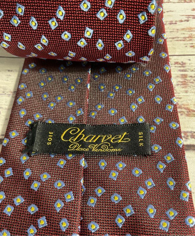 Charvet Place Vendome 100% Silk Men's Geometric Pattern Dark Red Tie France