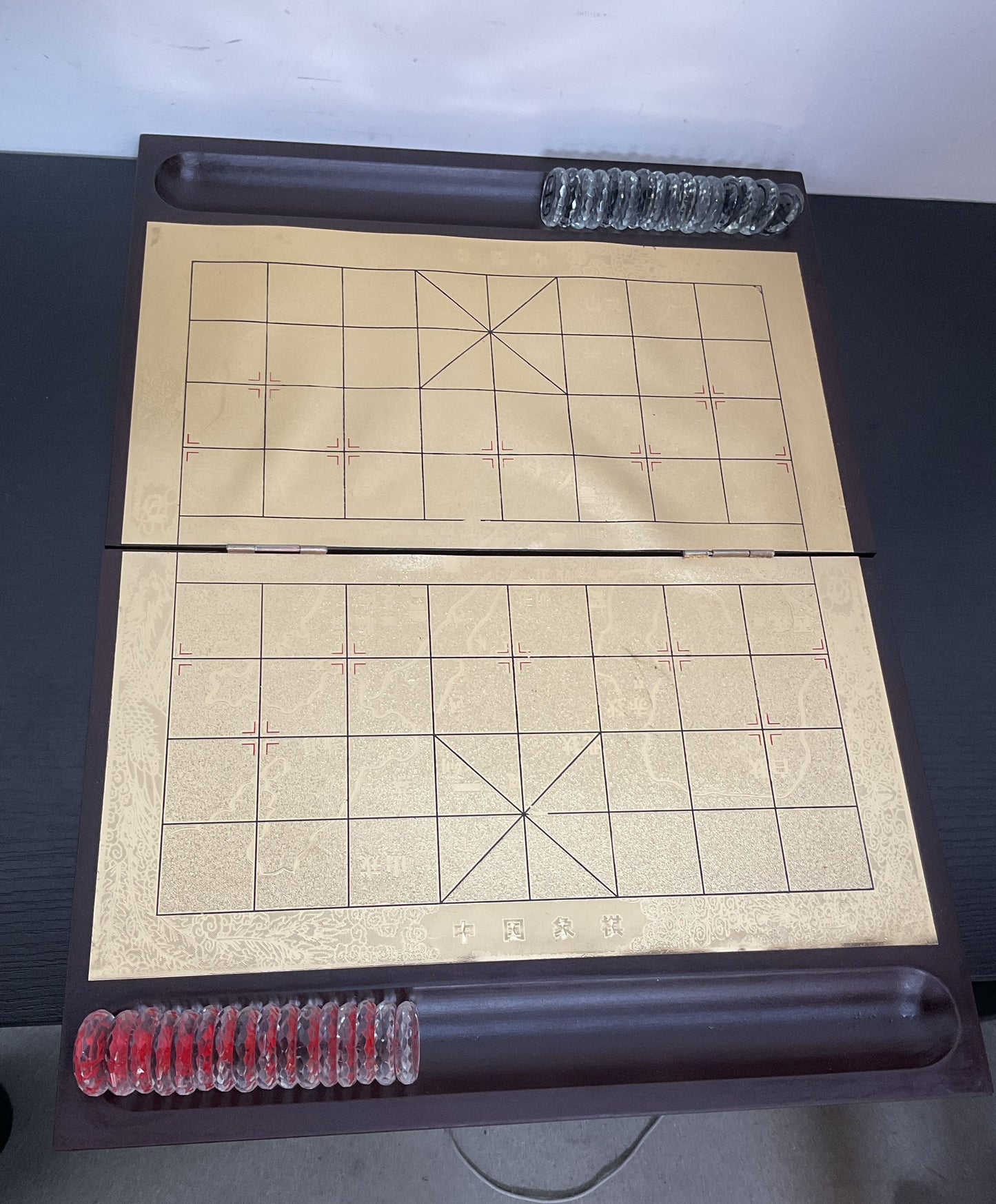 Etched Glass Xiangqi Chinese Chess Set With Mahogany Wood Case
