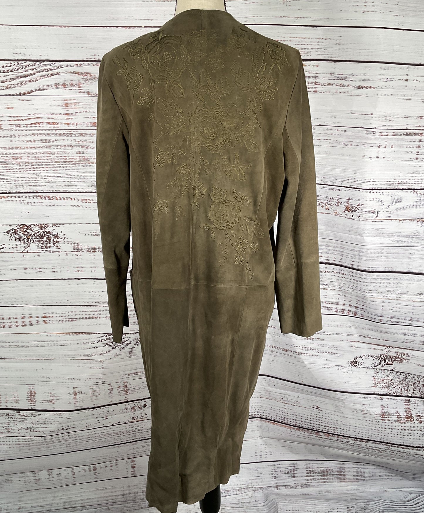 Johnny Was Warehouse Leather Embroidered Antonia Duster Olive Green M
