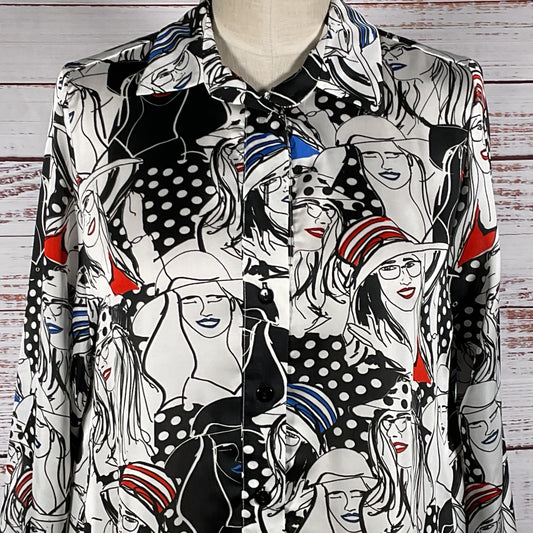 NWT JEFF GALLANO Paris Women's Print Long Sleeve Collar Blouse- SZ 2