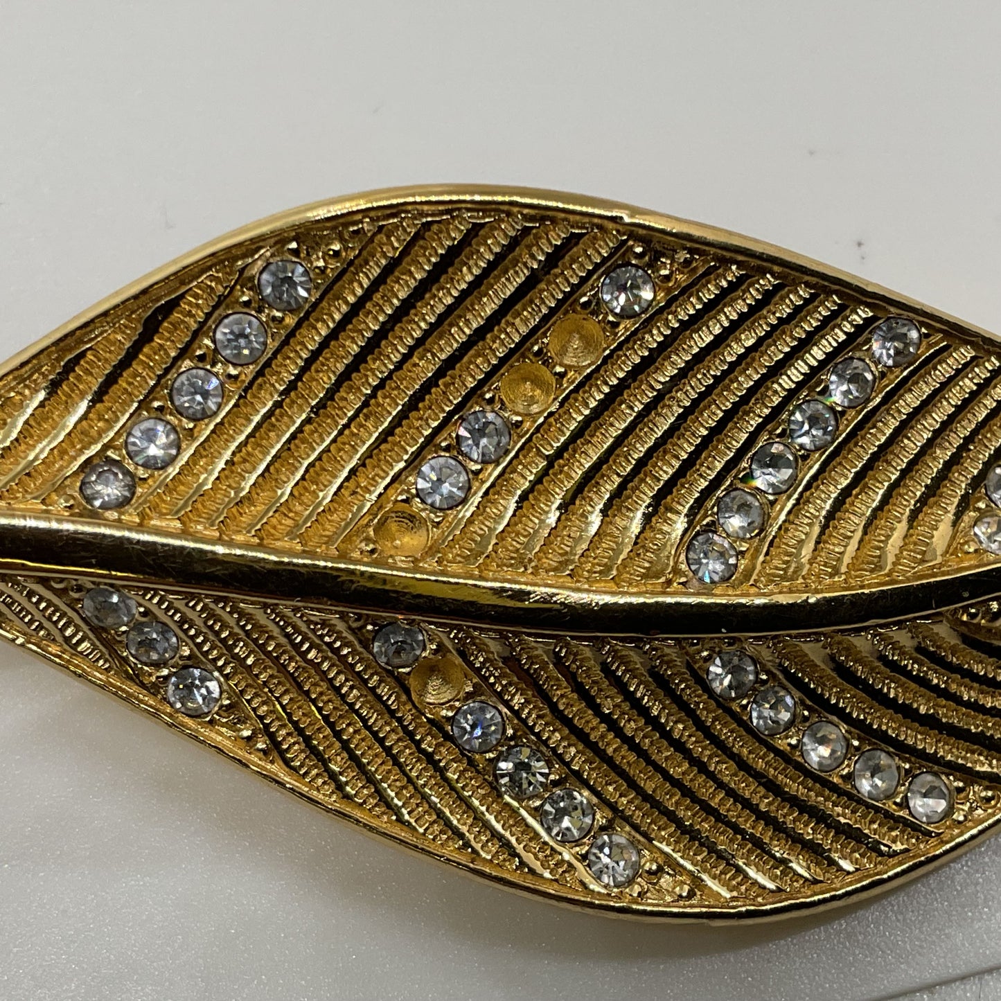 VTG. 60'S CHRISTIAN DIOR Gold Tone Rhinestone Leaf 4.25" Brooch- MISSING STONES