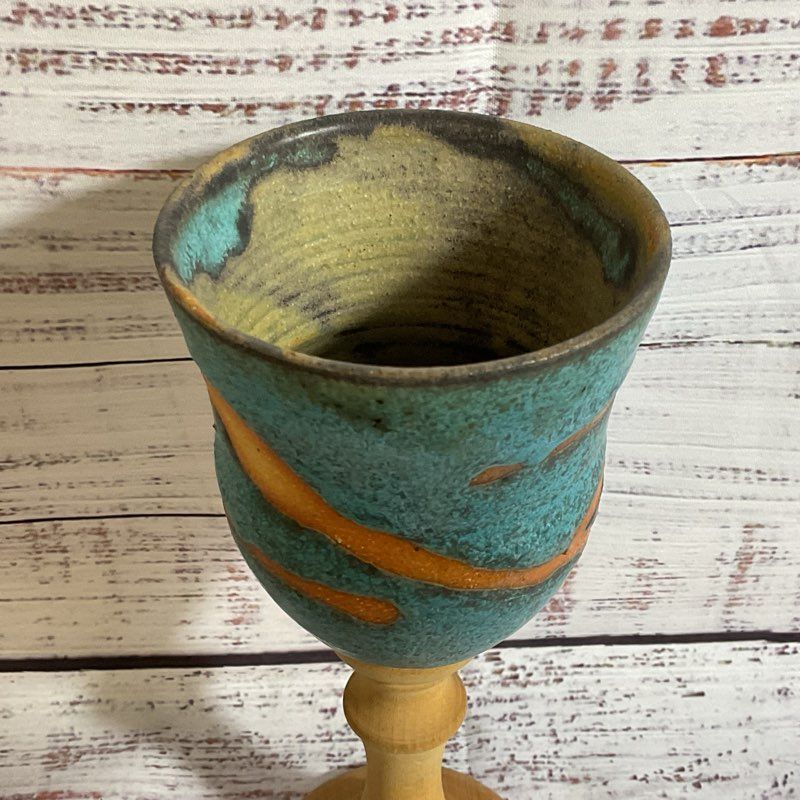 VTG. Pottery Goblet With Wood Stem- 7.75"