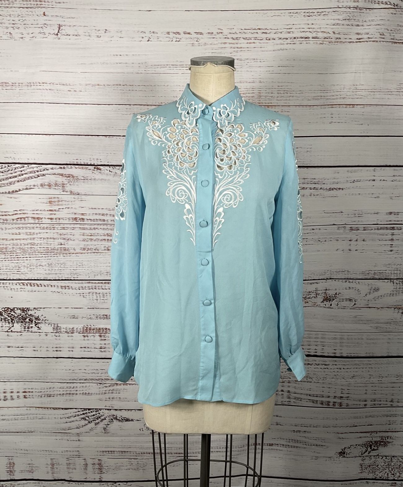 Bob Mackie Wearable Art 100% Silk Button-Up w/ Embroidery Applique and Cut-Outs