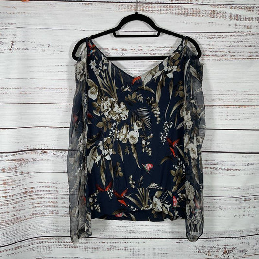 NWT Fuzzi Navy Floral Mesh Off Shoulder Blouse - Size 48