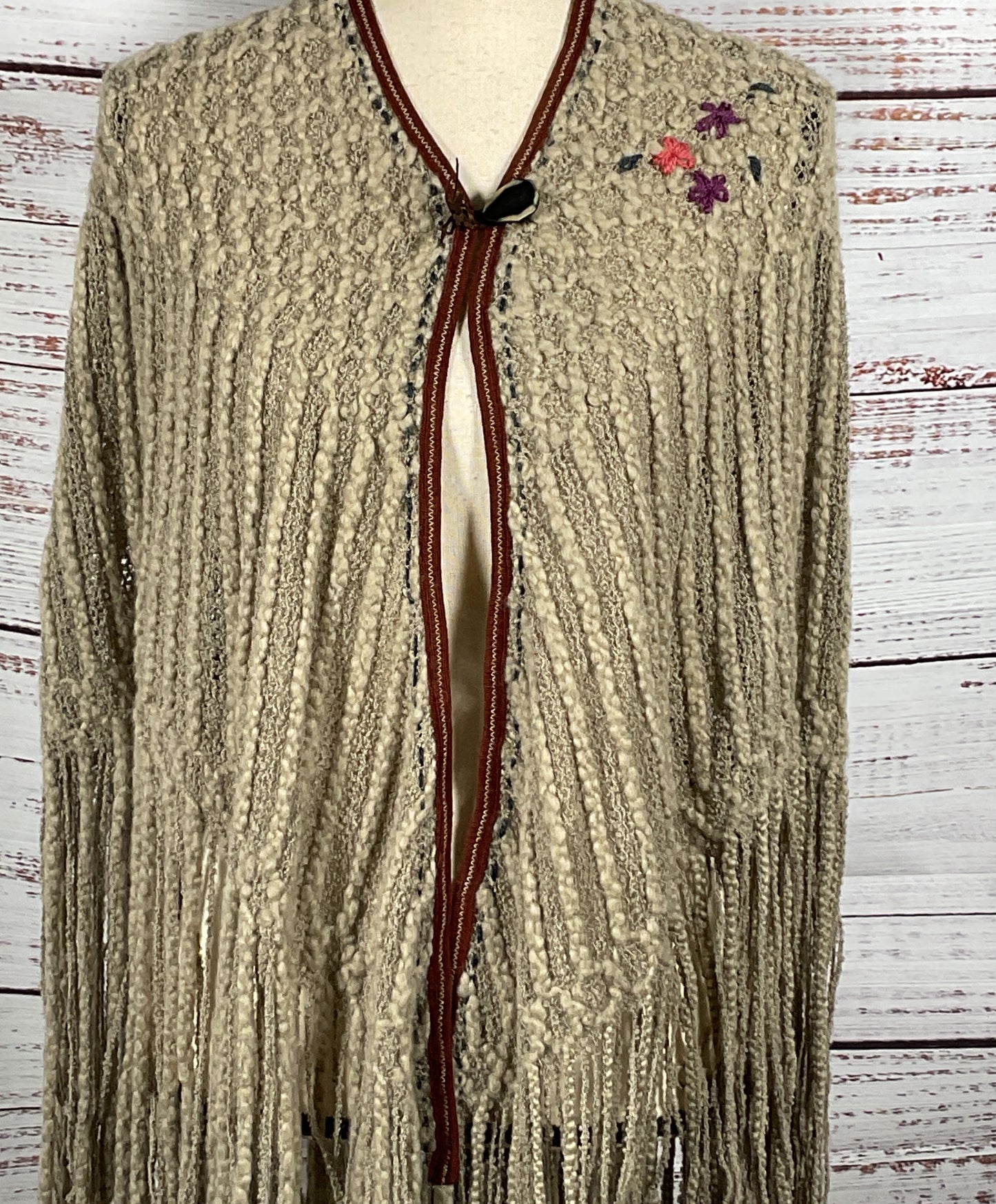 Burning Torch Karyn Craven Knit Fringe Poncho Beige OS