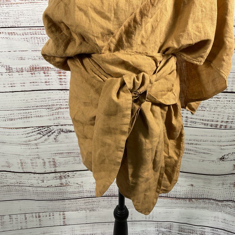 Manebi Brown Linen Fortaleza Mini Wrap Skirt Flowy Blouse Top Set sz 8 US/38 EU
