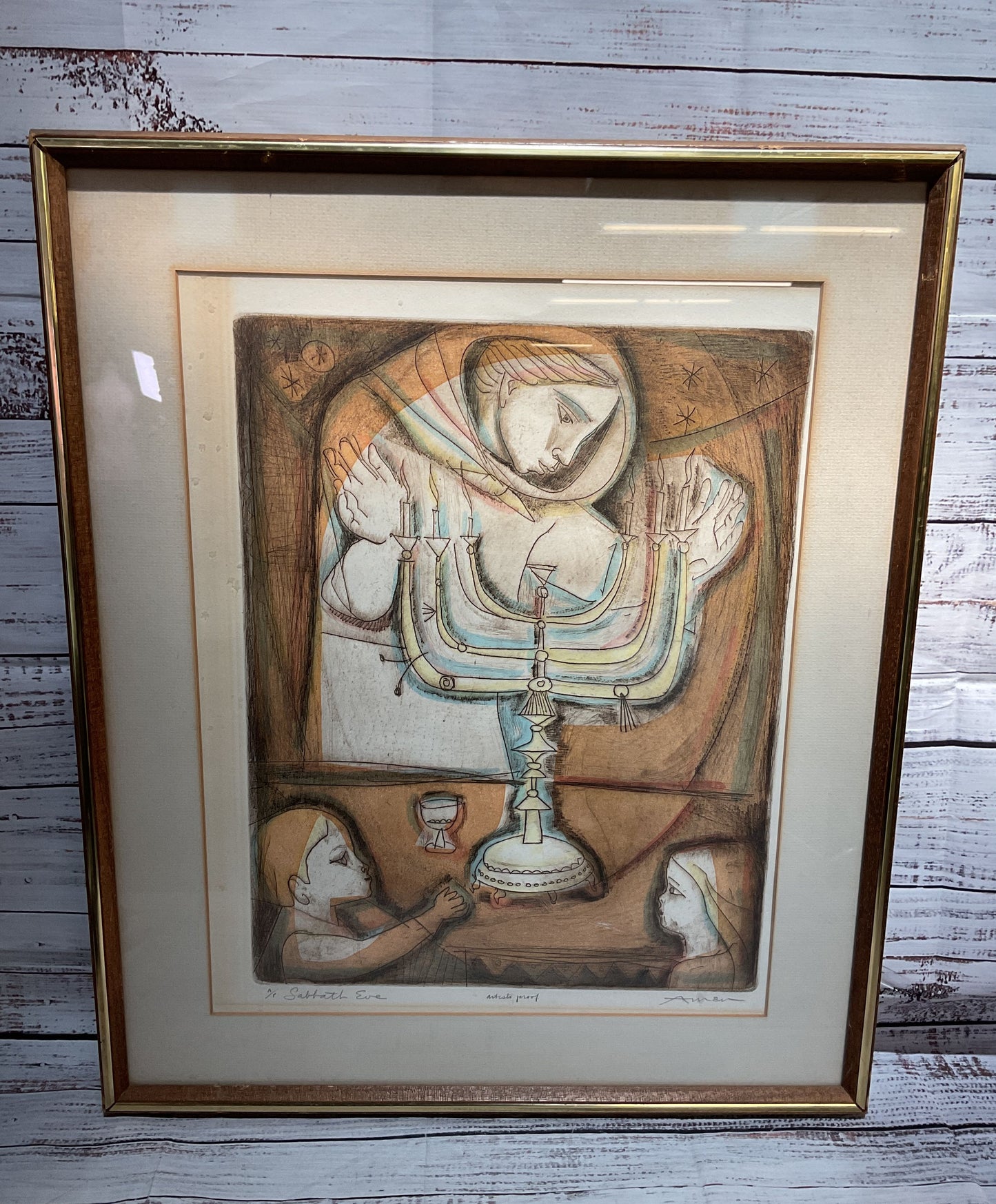 Sabbath Eve Framed Etching by Irving Amen Signed