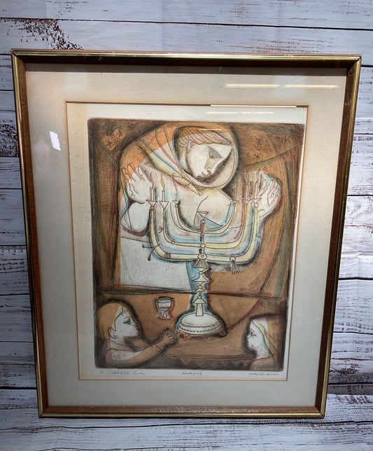 Sabbath Eve Framed Etching by Irving Amen Signed
