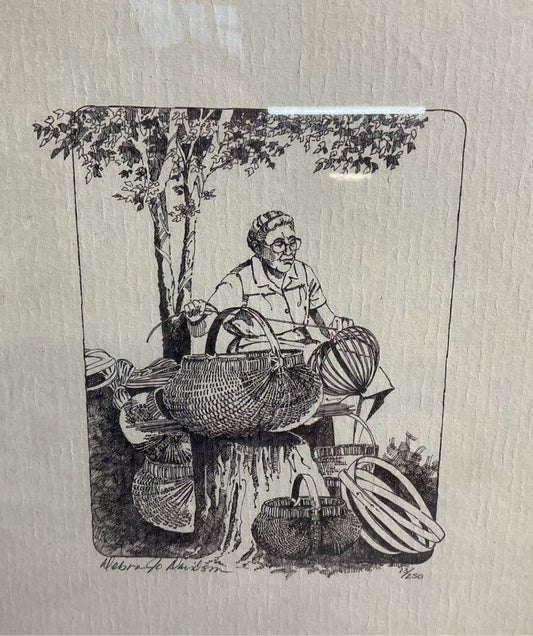 Vintage Debra Jo Davidson Signed Etching Print Woman Weaving Baskets #13/250