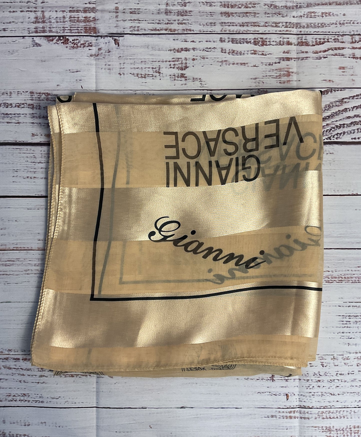 Vintage Gianni Versace Large Gold Striped Scarf with Versace Print