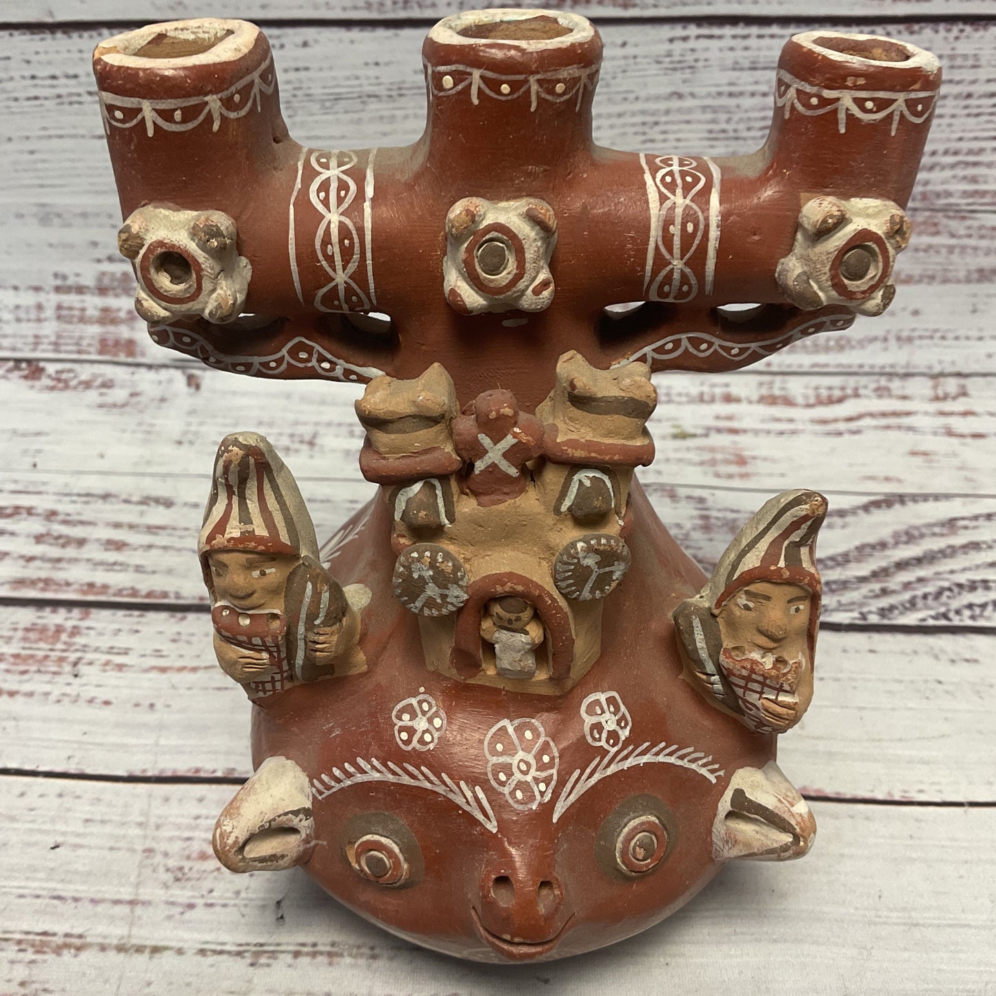 Hand Sculpted Painted Peruvian Candelabra Ceramic Pottery Folk Art 6"