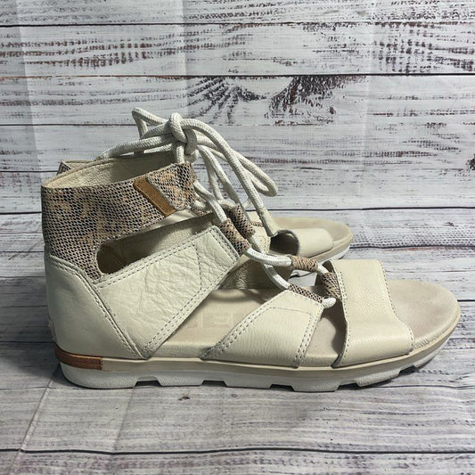 Sorel Joanie II Lace Up Grey Snake Print Gladiator Sandal Women Size 10 *DAMAGE*