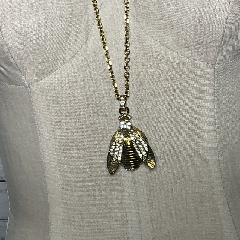VTG. ANN TAYLOR Gold Tone & Rhinestone Bee 34" Chain Necklace