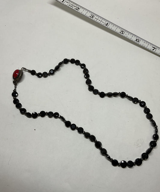 Black Beaded Sterling Silver Ladybug Clasp Vintage Necklace