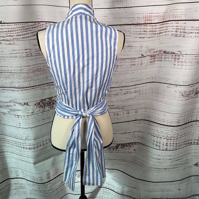 NWT STAUD Sample Women's Blue/White Strip Wrap Sleeveless Blouse- SZ 4