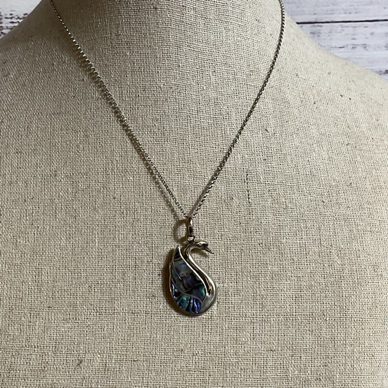 STARBORN Sterling Abalone Inlay 1.5" Swan Pendant 17" Chain Necklace- 7.04g