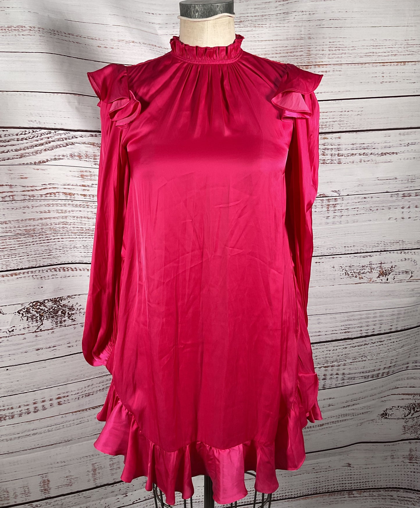 Zadig + Voltaire Ruins Ruffle High Neck Dress Hot Pink XS