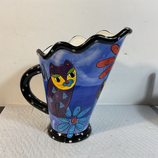 MILSON & LOUIS Hand Painted Cat Design Pitcher- 10.75"