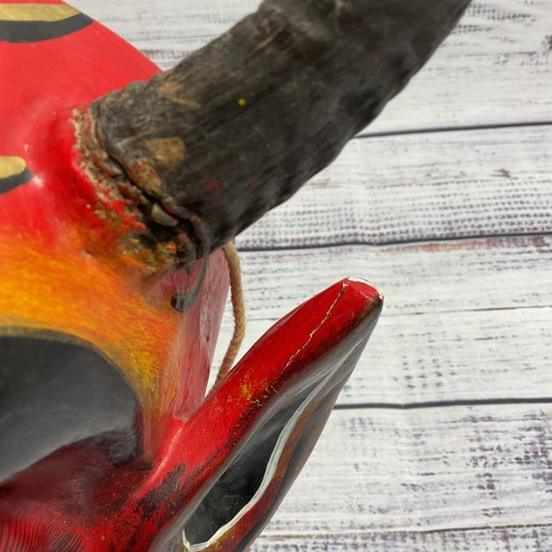 Vintage Wooden Hand Carved And Painted Red Diablo Mask Art W/ Real Animal Horns