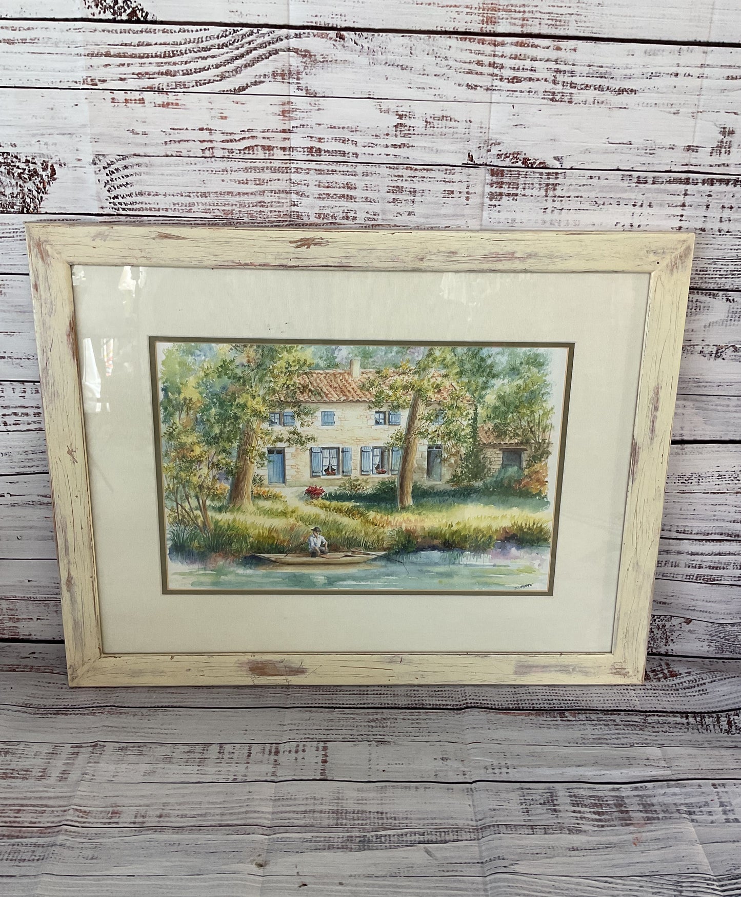 Fisherman at Lake House Framed Painting by Danielle Lebeau Signed