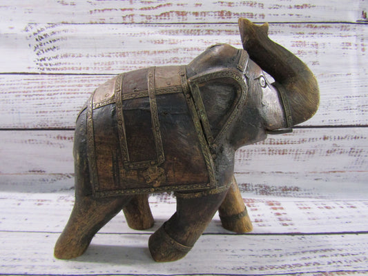 Vintage Handcrafted Wood Carved Brass Accent Elephant Figurine