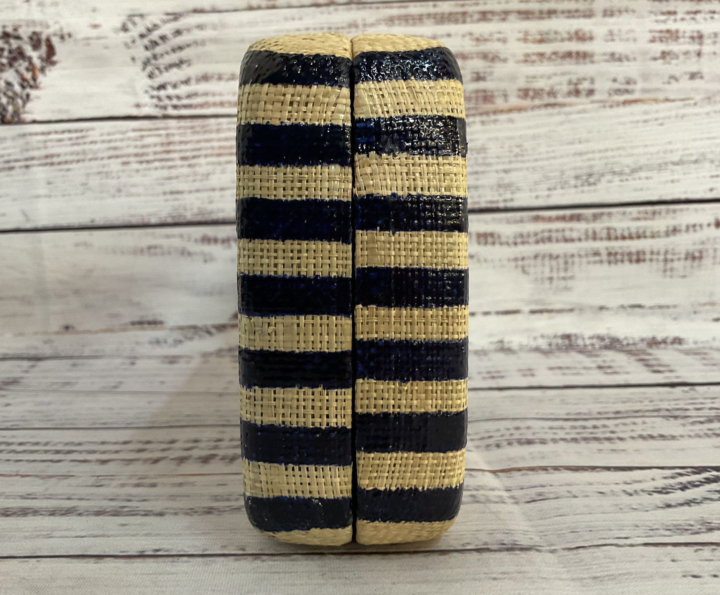 Kayu Vera Women's Beige Blue Striped Raffia Clutch Evening Bag MISSING LEMON