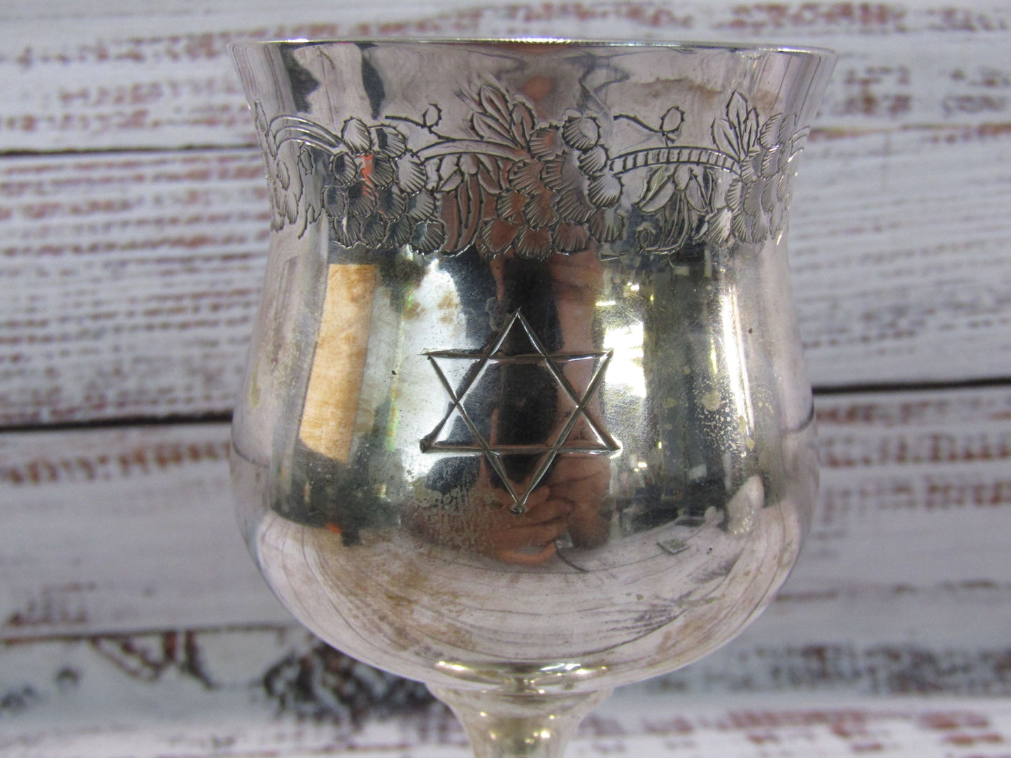 Vntg Silver Plated Grapevine Etched Hebrew Inscription Star of David Kiddush Cup