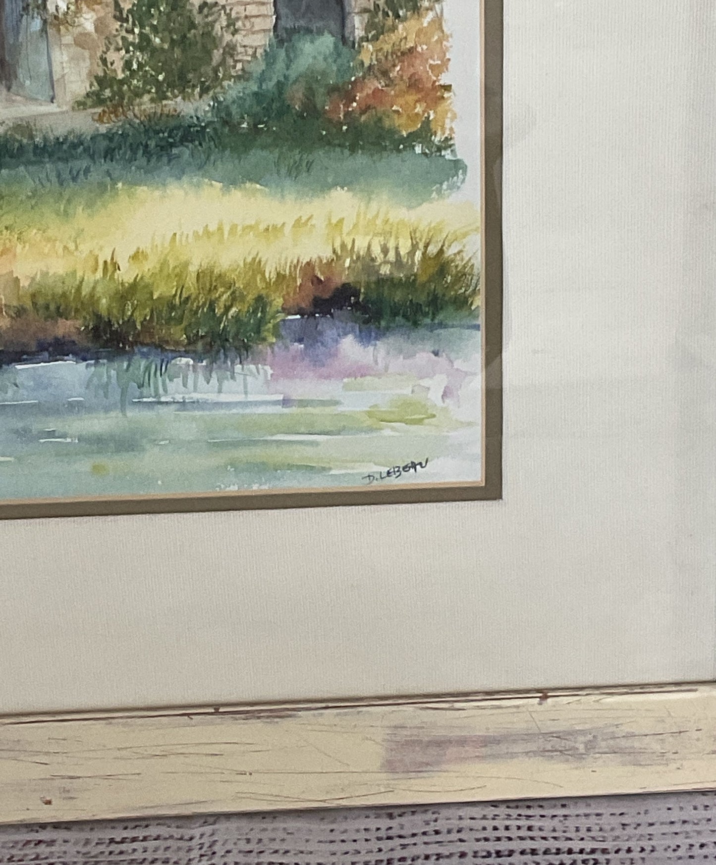 Fisherman at Lake House Framed Painting by Danielle Lebeau Signed