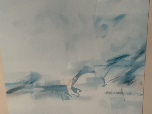 VTG. Blue White Hues Abstract Lithograph- FRAMED 41.75" X 32"