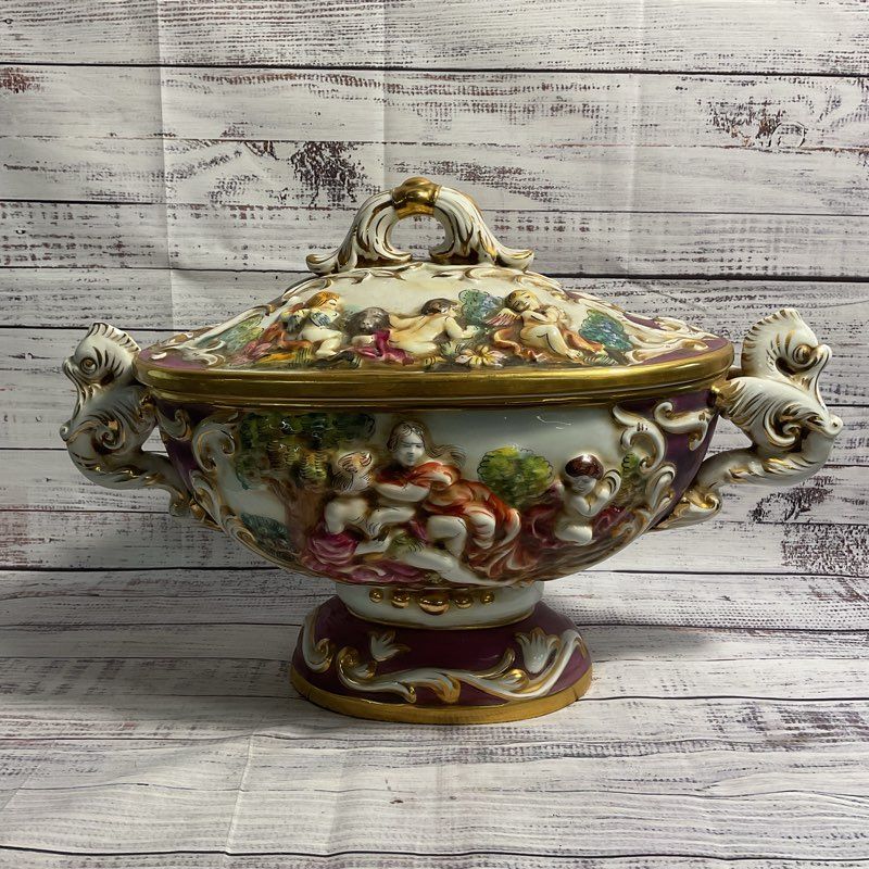 VTG Keramos R. Capodimonte Cherub Pedestal Bowl Lidded 20" Italian Tureen