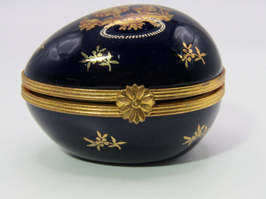 Limoges Courting Couple Cobalt Blue 24k Gold Wash Egg Trinket Box Made in France