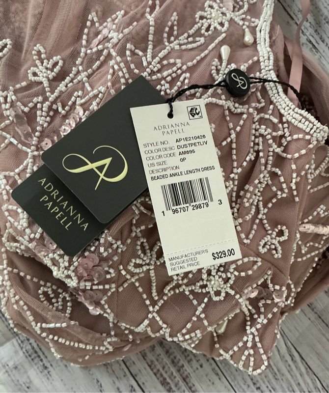 NWT Adrianna Papell Beaded Ankle Length Dress in Dusty Rose Size 0P Retail $329