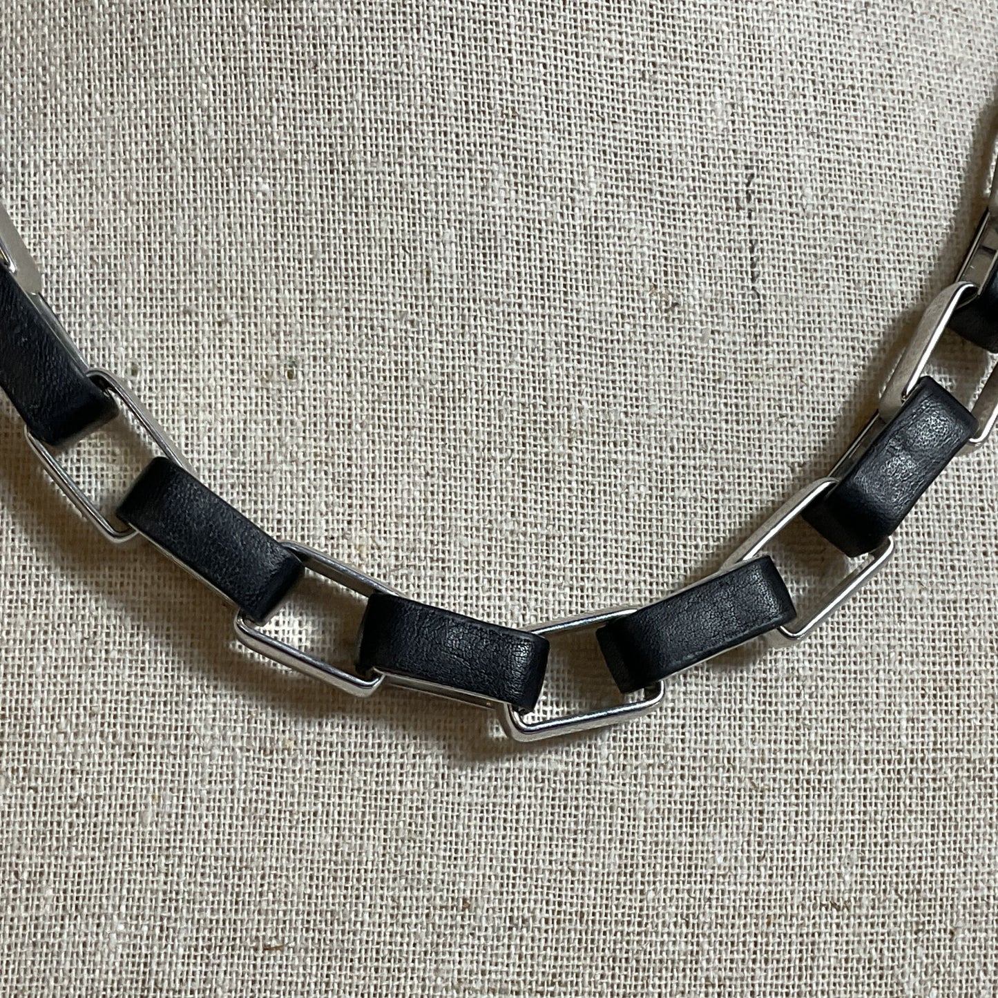 DIANE VON FURSTENBERG Silver Tone & Black Leather Wrapped Link Necklace- 20.5"