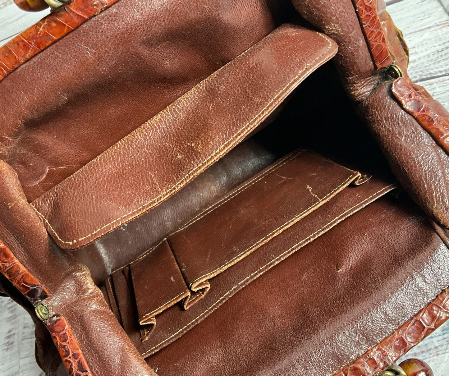 Vintage Leather Reptile Embossed Top Handle Bag Brown