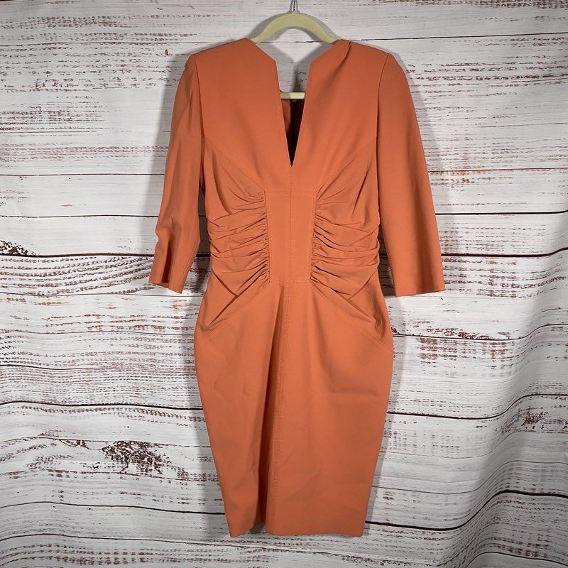 Elie Tahari Peach Orange Ruched Front 3/4 Sleeve Mini Dress Elie Tahari Peach Orange Ruched Front 3/4 Sleeve Mini Dress