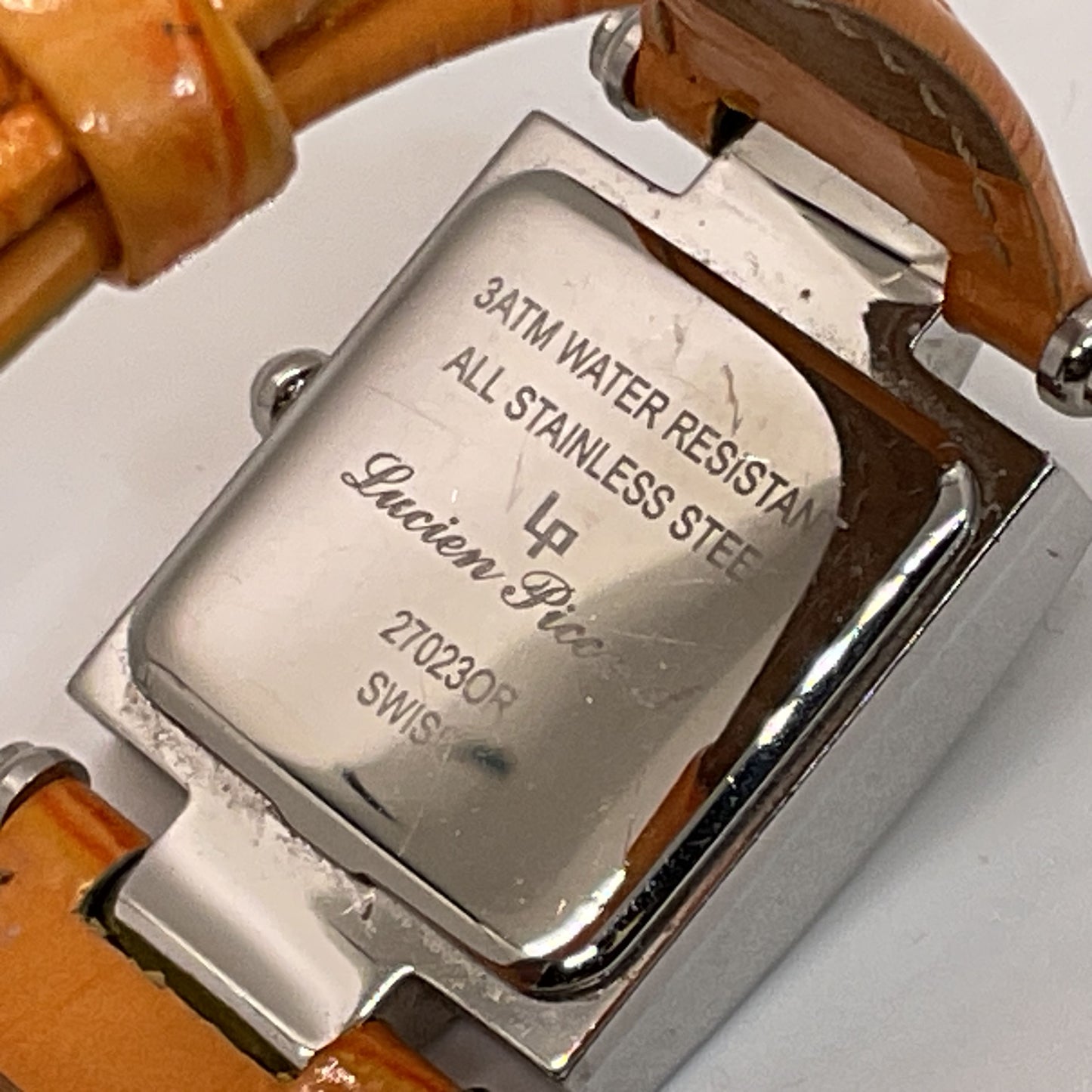 LUCIEN PICCARD Women's Square Stainless Rhinestone Orange Leather Band Watch