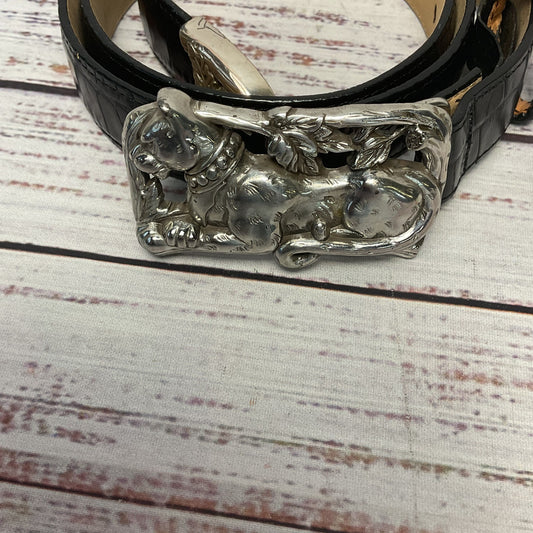 Brighton Black Embossed Reptile Pattern Leather Silver Tone Cat Buckle Belt L/34
