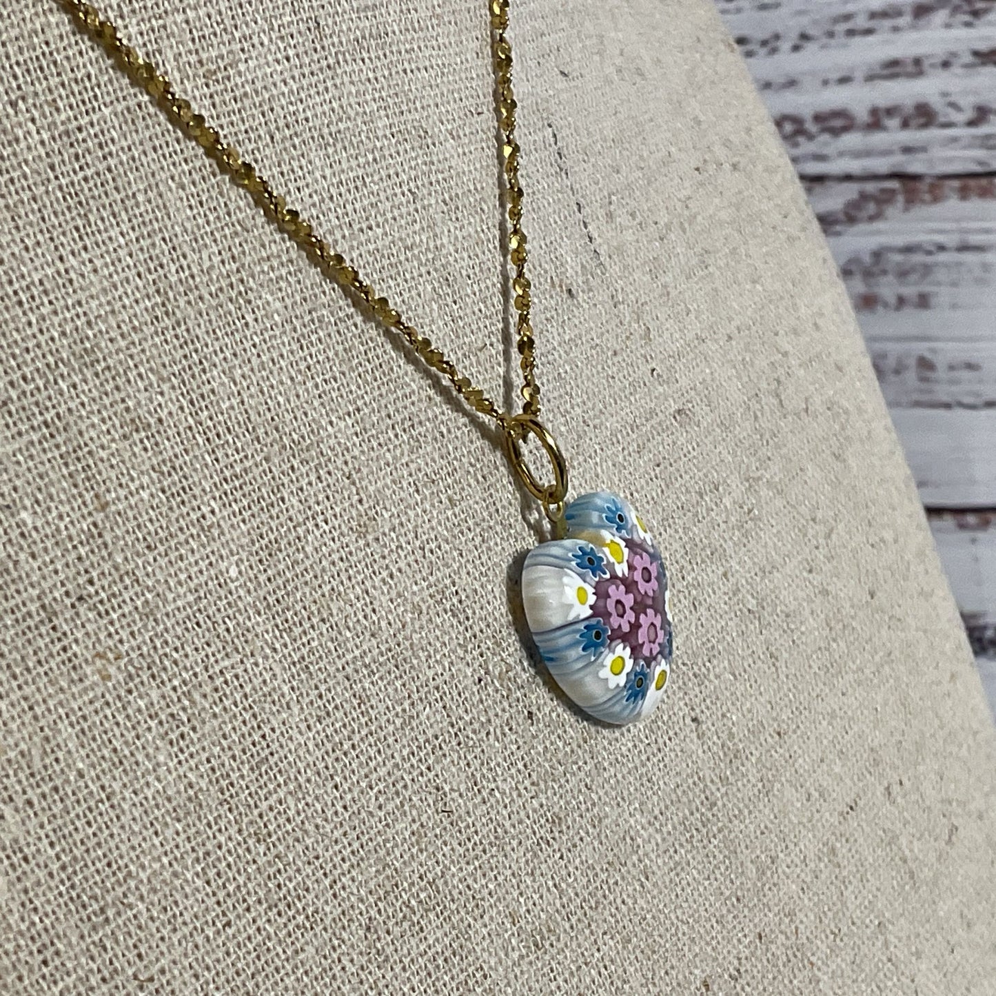 14K Yellow Gold & Millefiori Heart Pendant 16" Chain Necklace- 6.42g