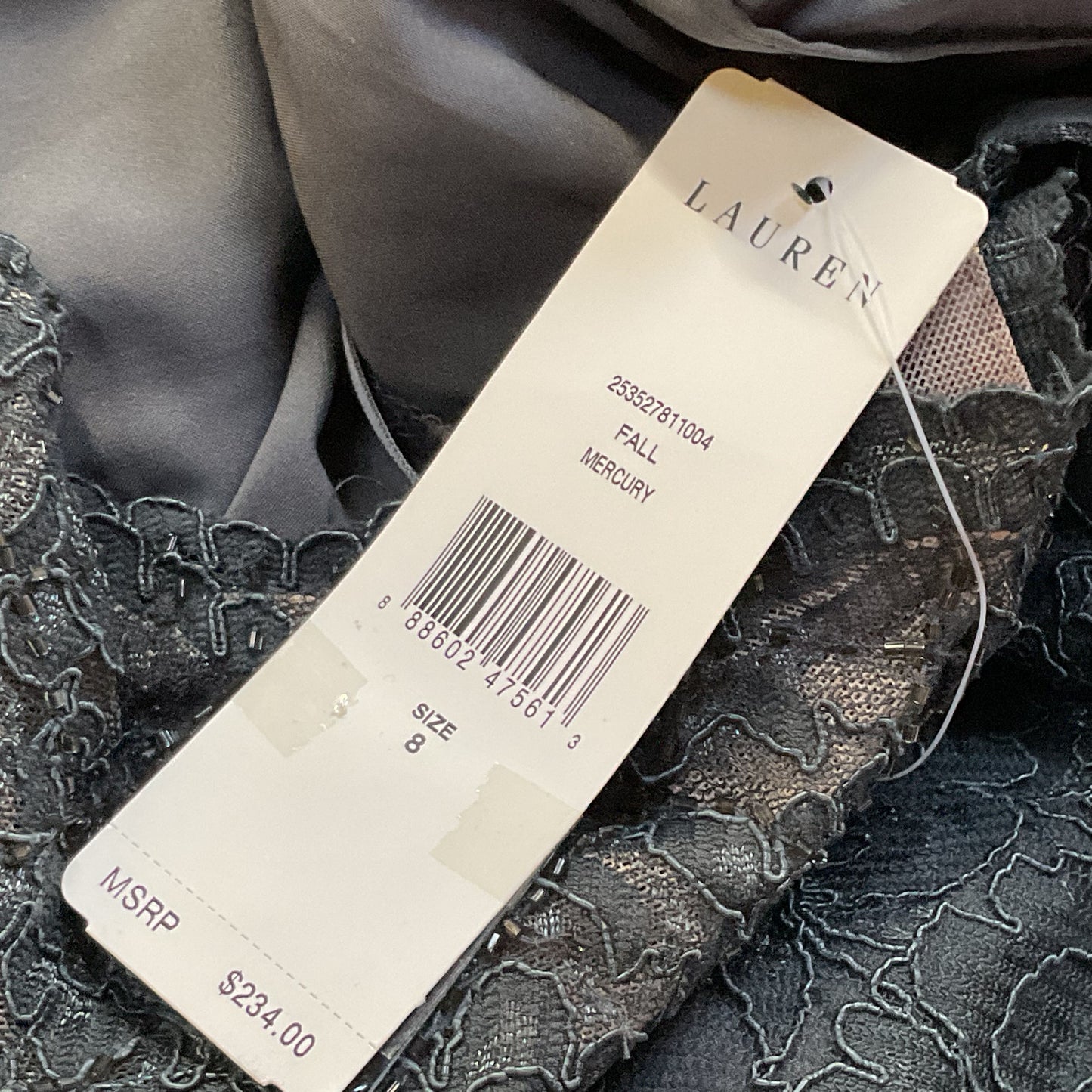 NWT LAUREN RALPH LAUREN Women's Gray Beaded Lace Sleeveless Cocktail Dress- SZ 8