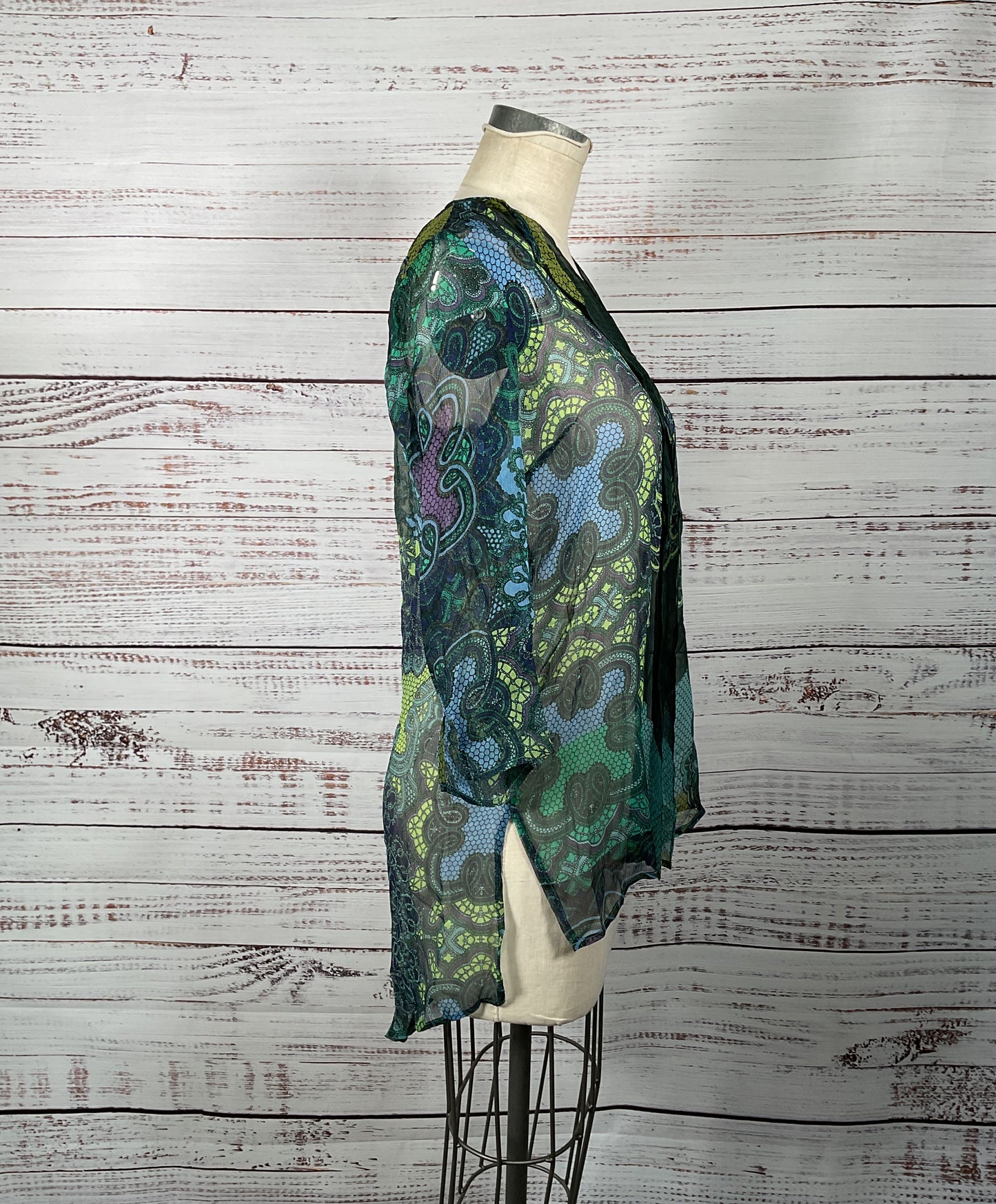 Gorgeous Citron 100% Silk Paisley Print Sheer 3/4 Sleeve Tunic - Size Small