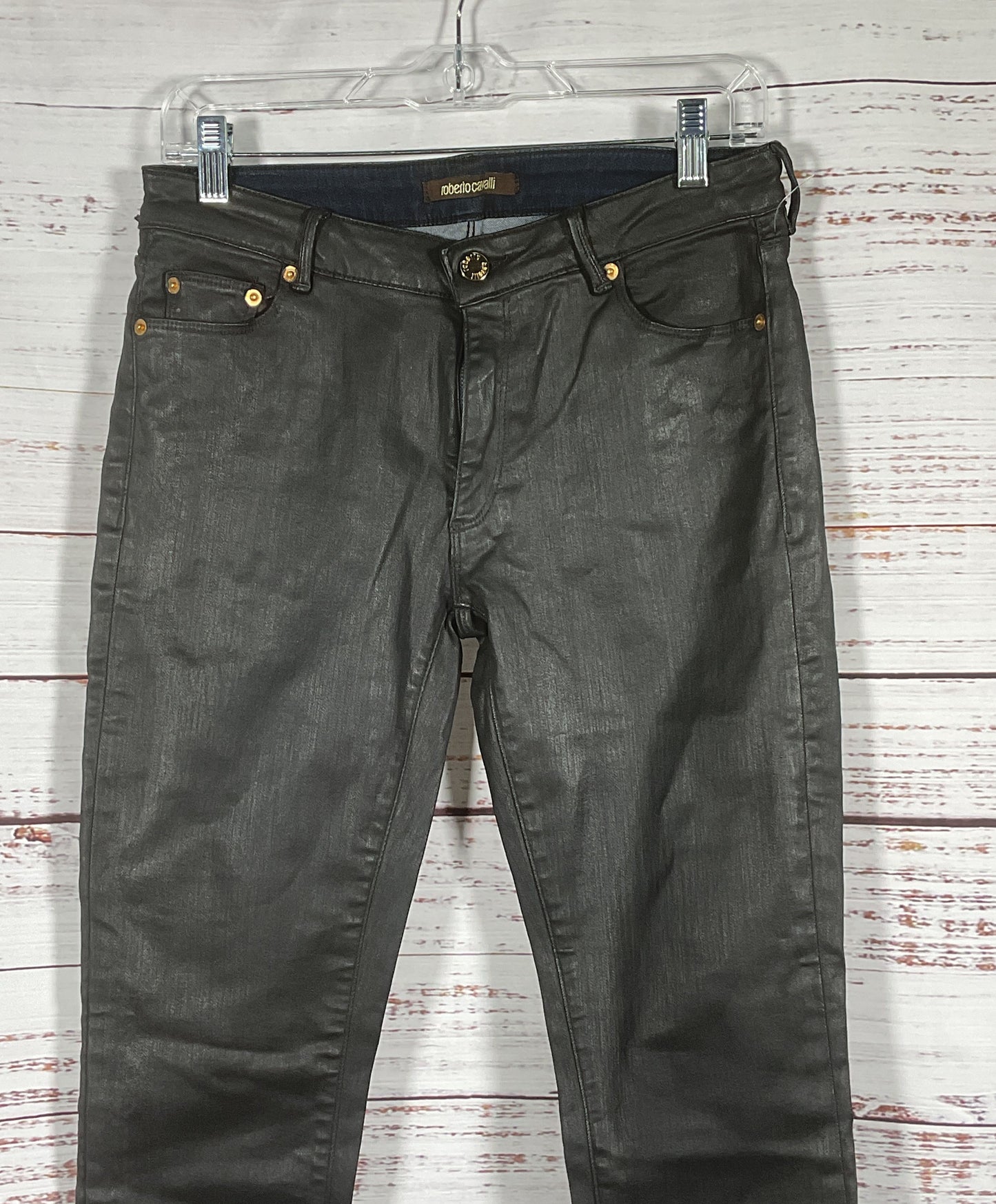 Roberto Cavalli Five Pocket Skinny Fit Coated Black Jeans 44