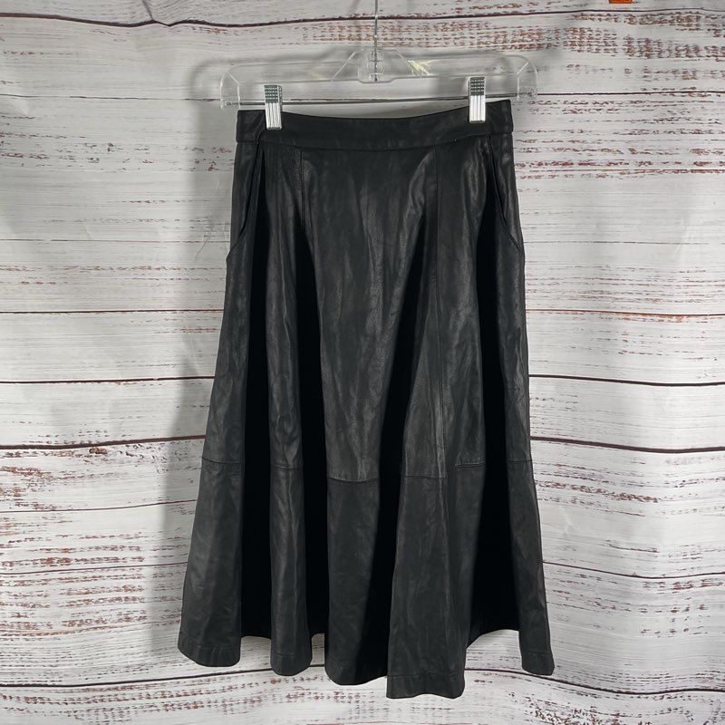 ASOS Black Leather Paneled Pocketed Flare Midi Skirt Size 2 US