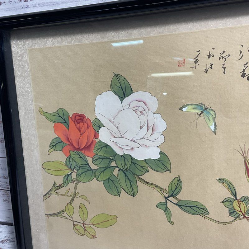 Chinese White/Red Roses & A Butterfly Watercolor on Silk 13" Matted & Framed