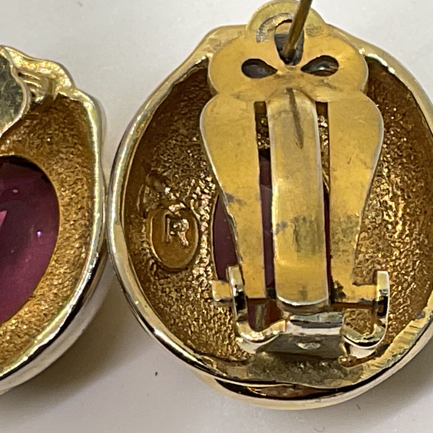 VTG. Signed "R" Gold Tone Purple Rhinestone Earrings