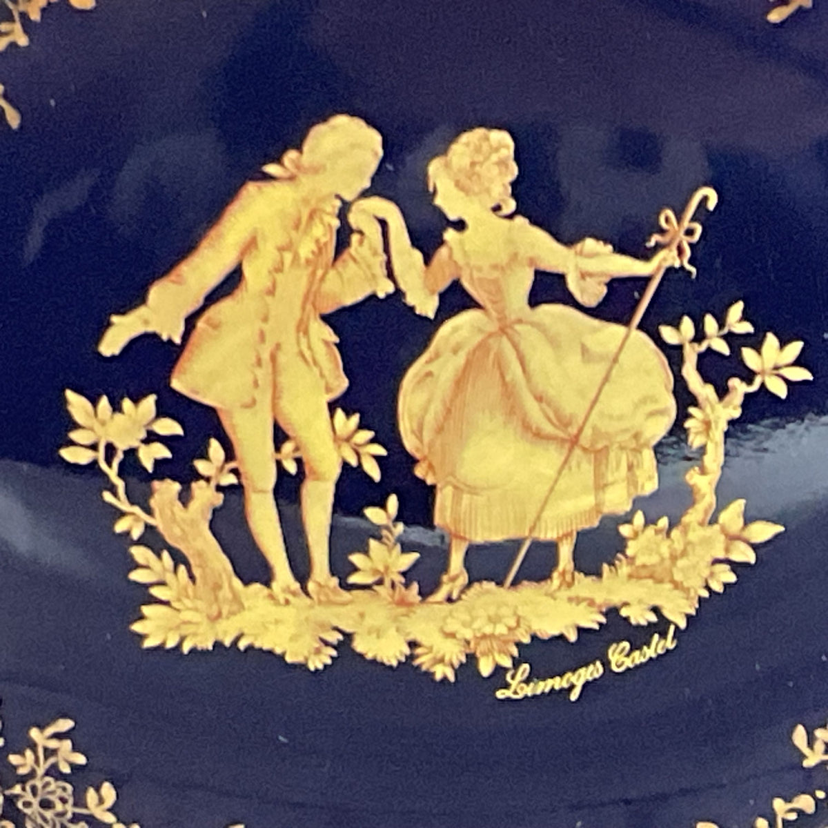 VTG LIMOGES Castel France Cobalt Blue Gold Gilt Courting Scene Bread Plate- 7.5"