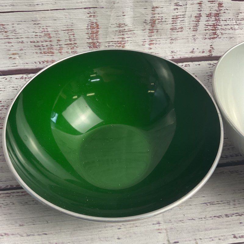 Vintage Emalox Set Of 2 Enameled Aluminum 5" Bowls In Green & Silver