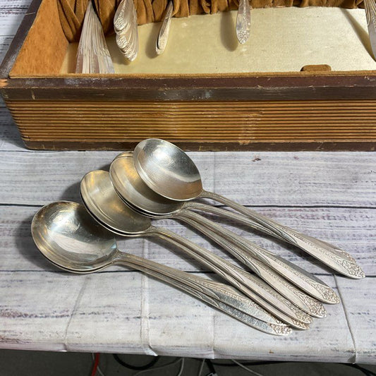 VTG National Silver Co 1930 Princess Royal 37 Pc Silver Plate Flatware Set+Case